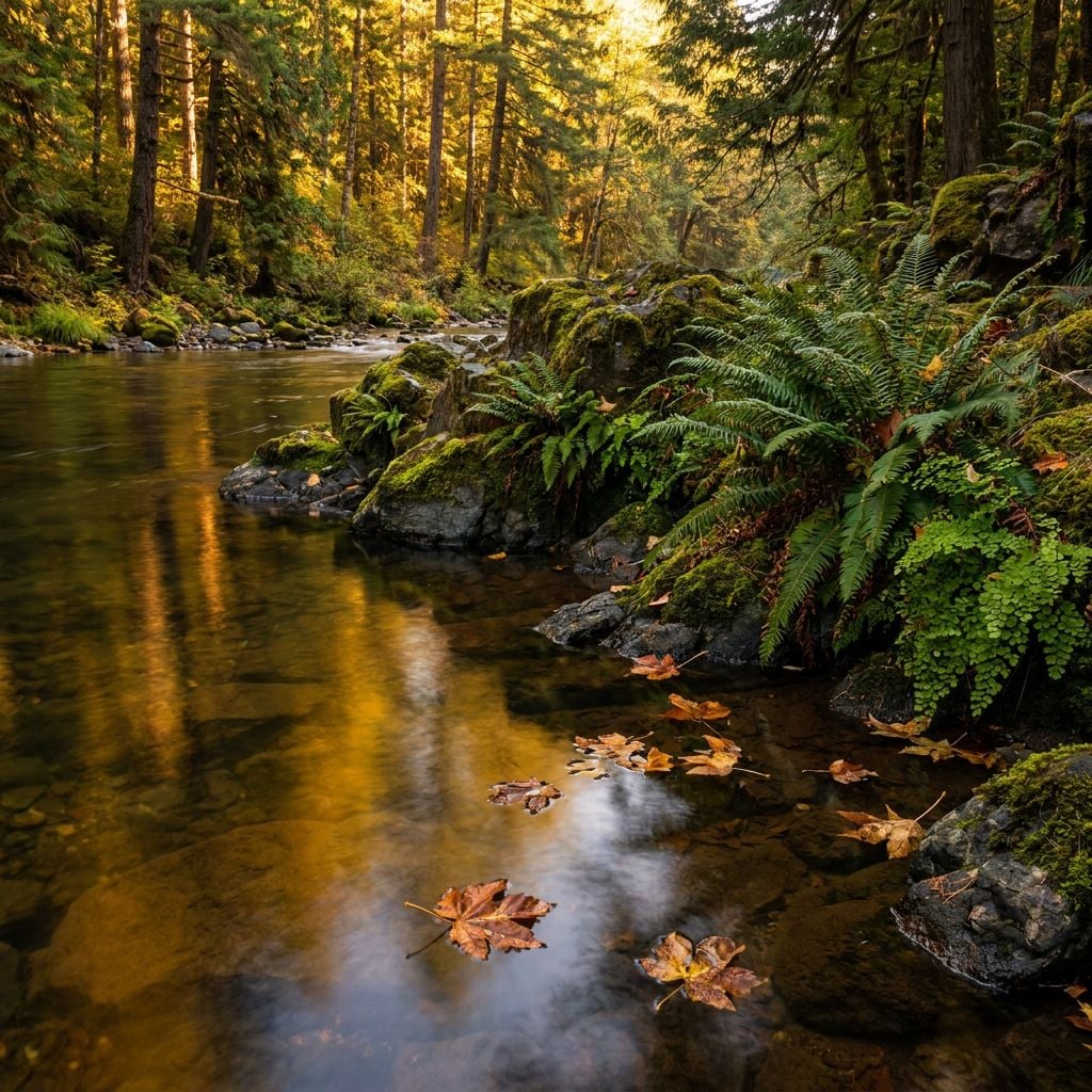 A serene river flows through a forest with autumn foliage and moss-covered rocks.