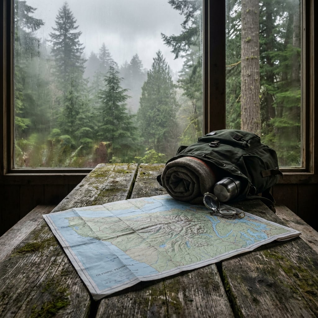 A backpack, map, and blanket are placed on a wooden table inside a cabin with a view of a misty forest.
