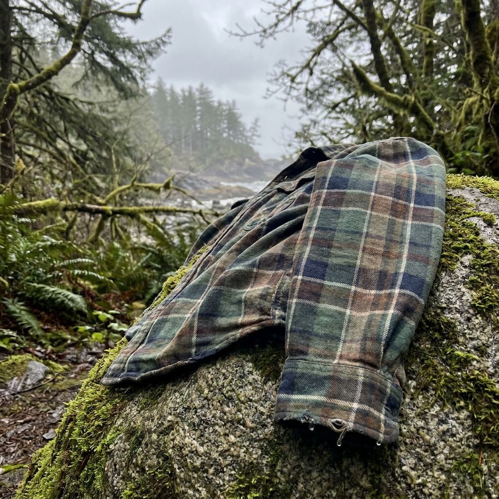 A flannel shirt is draped over a moss-covered rock in a forested area.