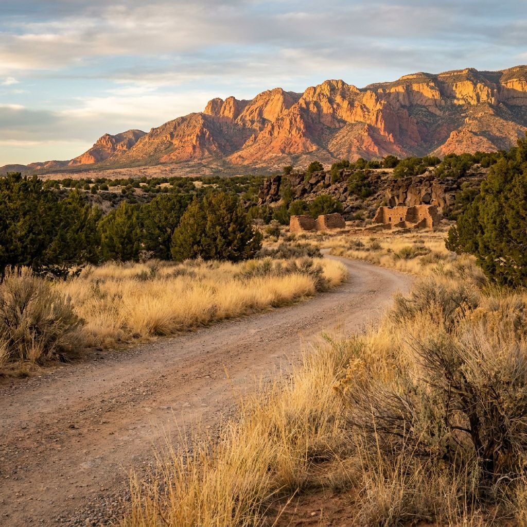 A winding dirt road leads through a landscape of grass and shrubs with mountains in the background.