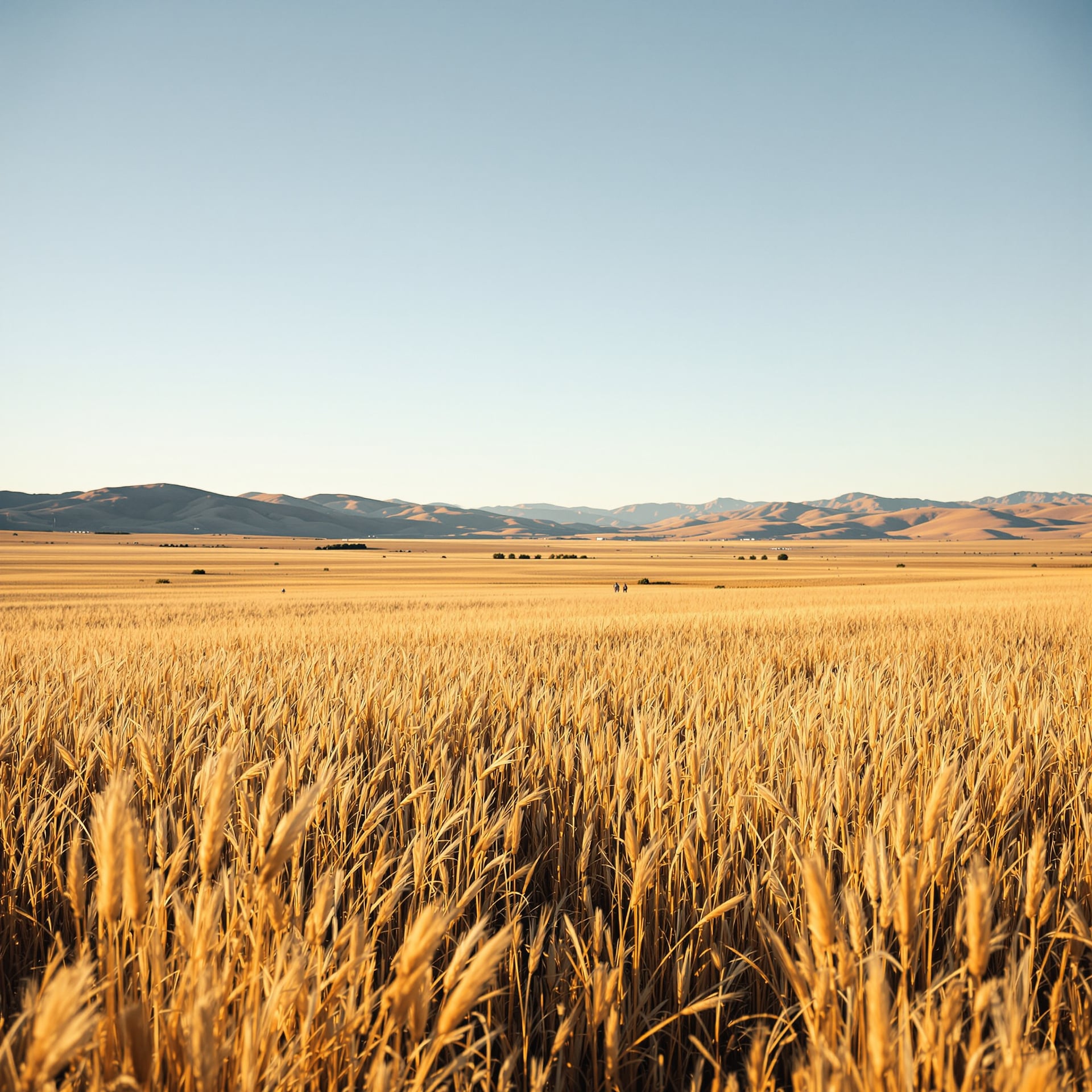 A vast field of golden wheat stretches towards distant mountains under a clear sky.