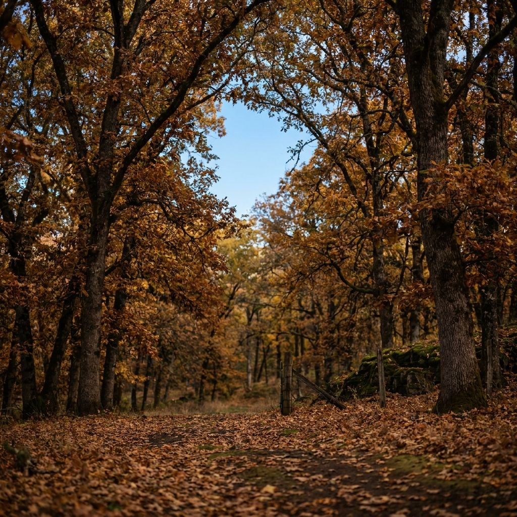 A forest path surrounded by trees with autumn foliage.