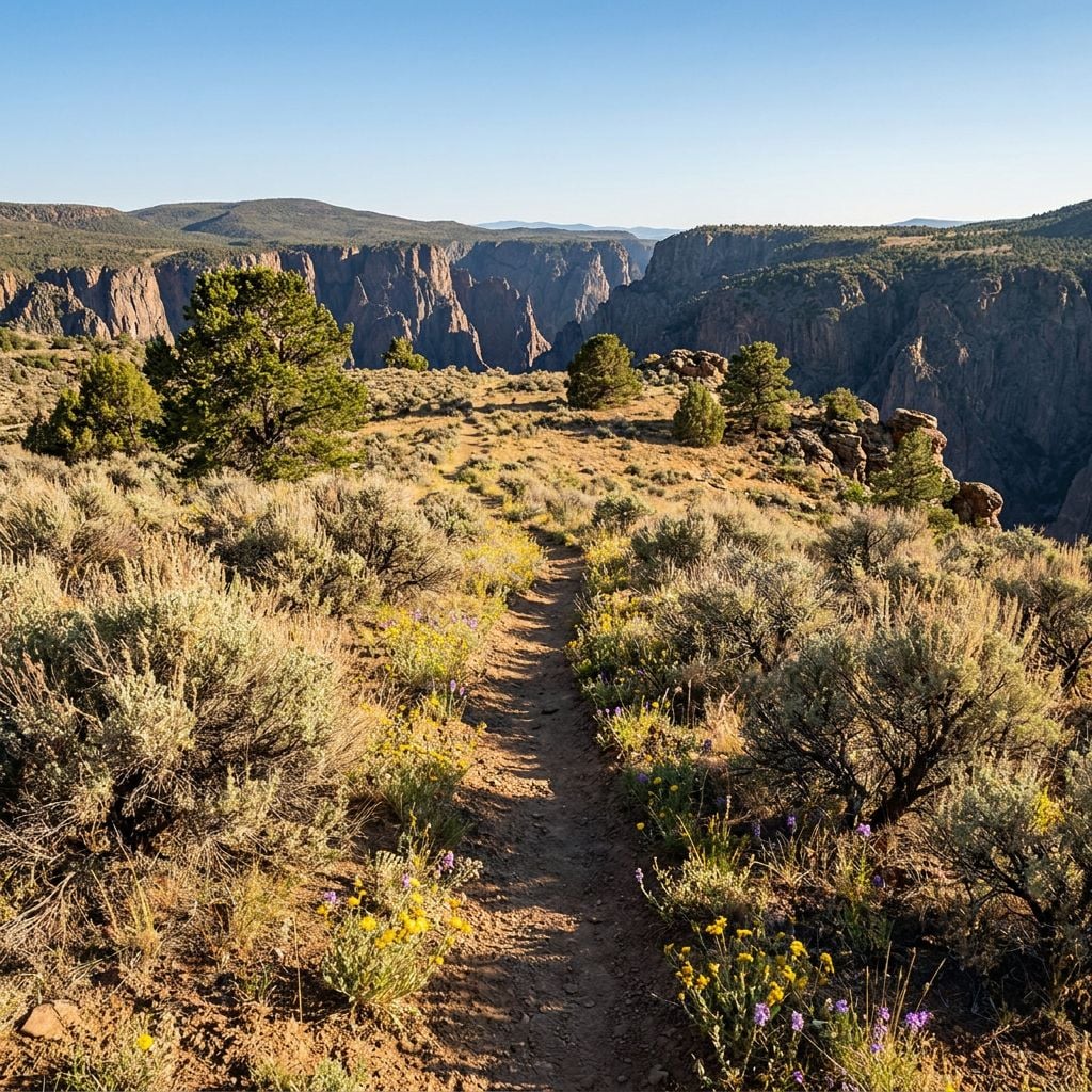 A narrow trail winds through a landscape of shrubs and wildflowers, overlooking a canyon with distant mountains.