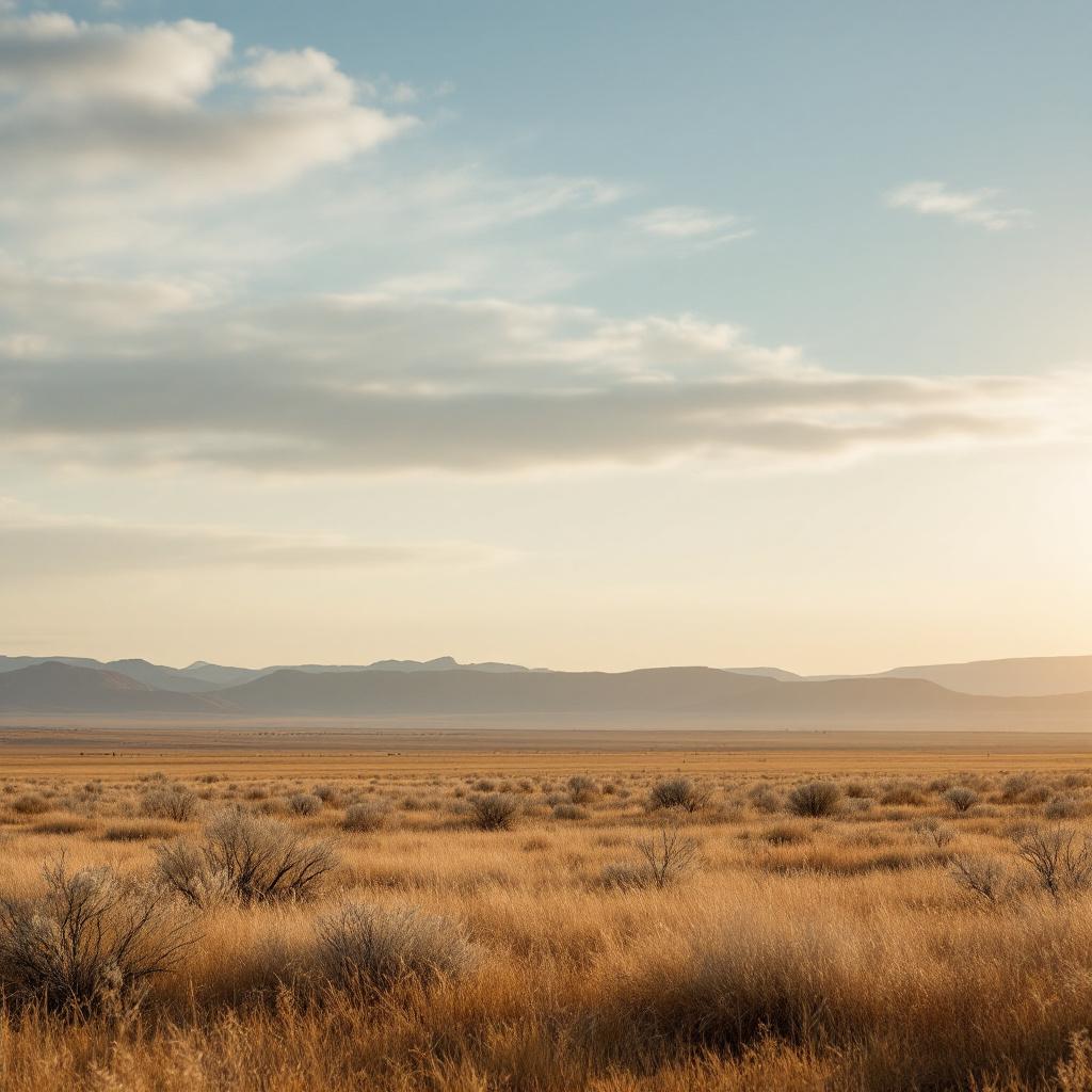 A vast landscape featuring golden grasslands under a clear sky with distant mountains.