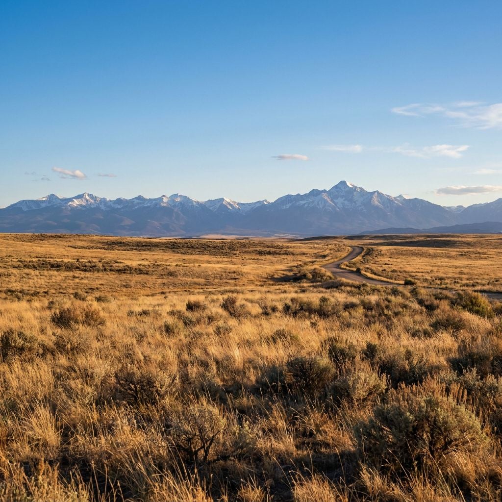 A winding road leads through a grassy plain with snow-capped mountains in the background.