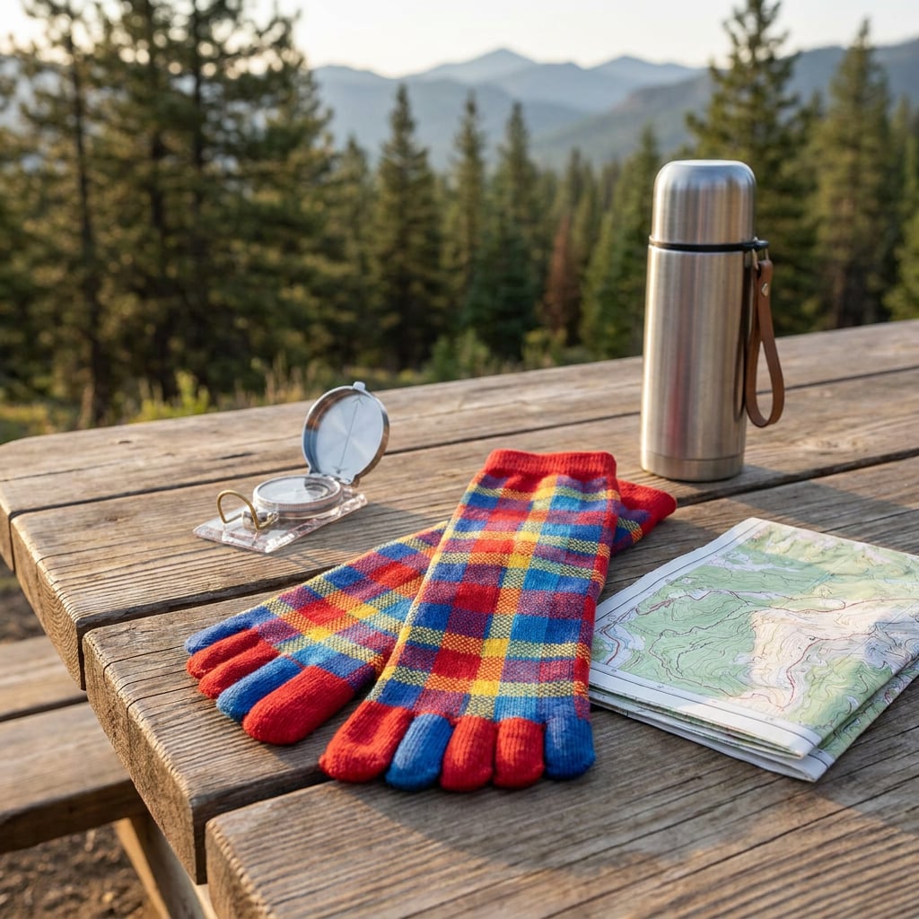 A pair of colorful toe socks, a compass, a map, and a thermos are placed on a wooden table with a mountainous background.