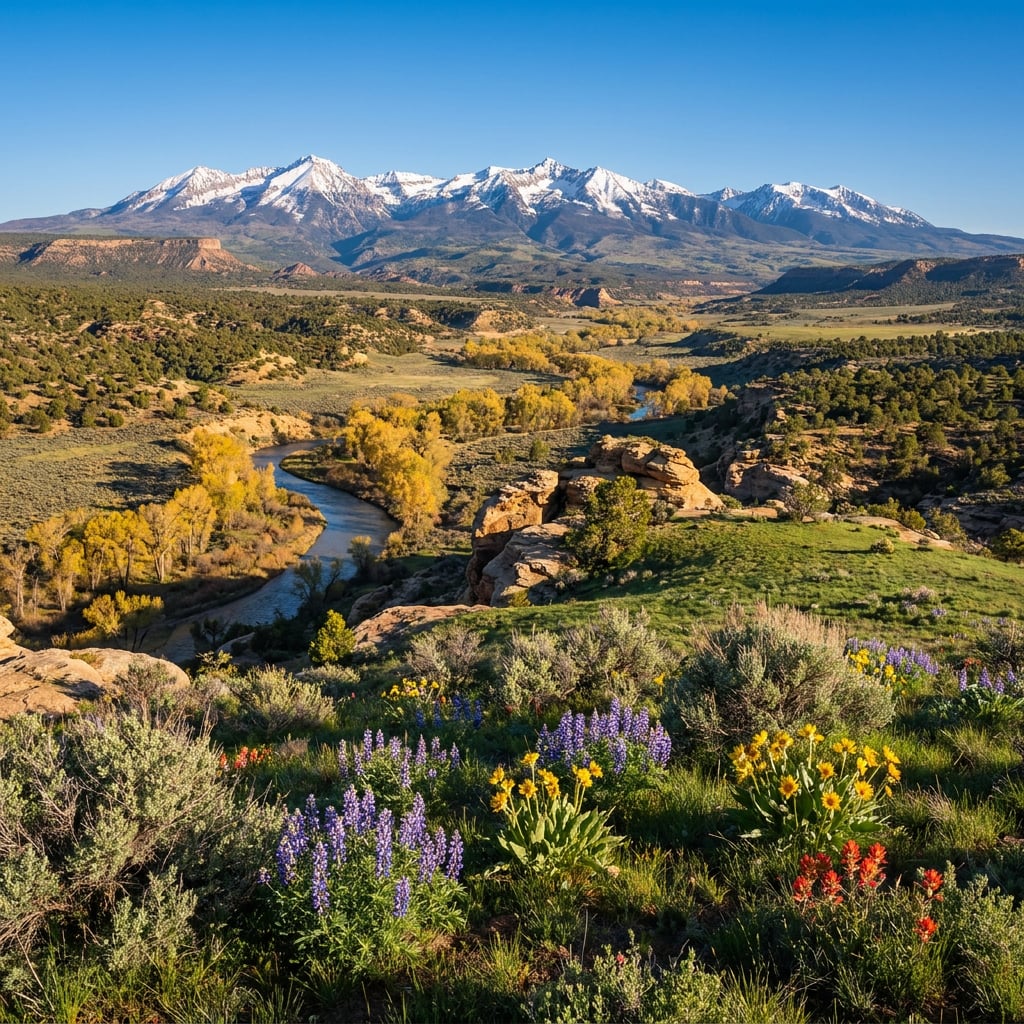 A scenic view of mountains with snow-capped peaks, a winding river, and colorful wildflowers in the foreground.