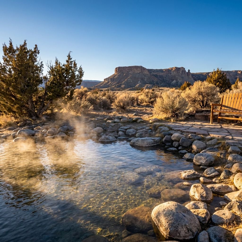 A natural hot spring surrounded by rocks and shrubs with a mountain in the background.