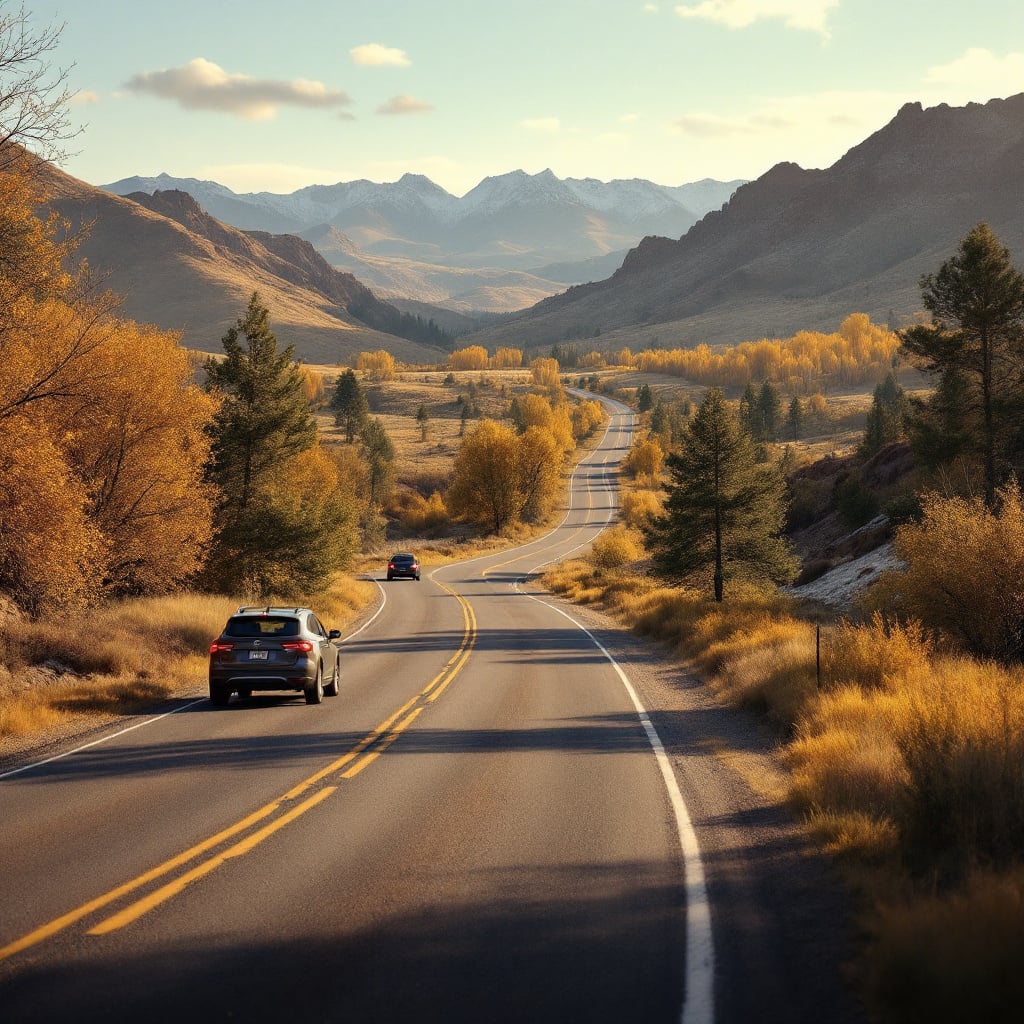 A winding road through a valley with autumn foliage and mountains in the background.