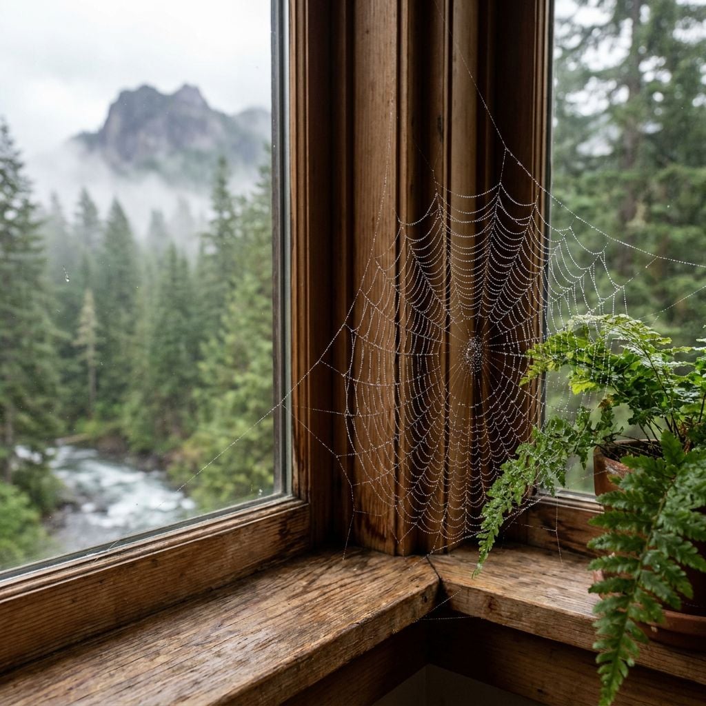 A close-up view of a spider web in the corner of a wooden window with a misty mountain landscape visible outside.
