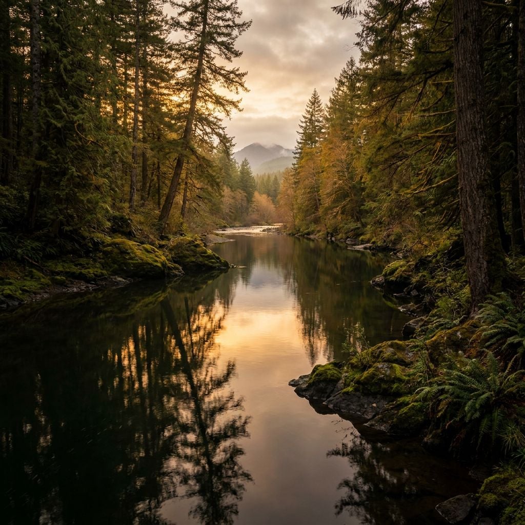 A serene river flows through a forested landscape at sunset.