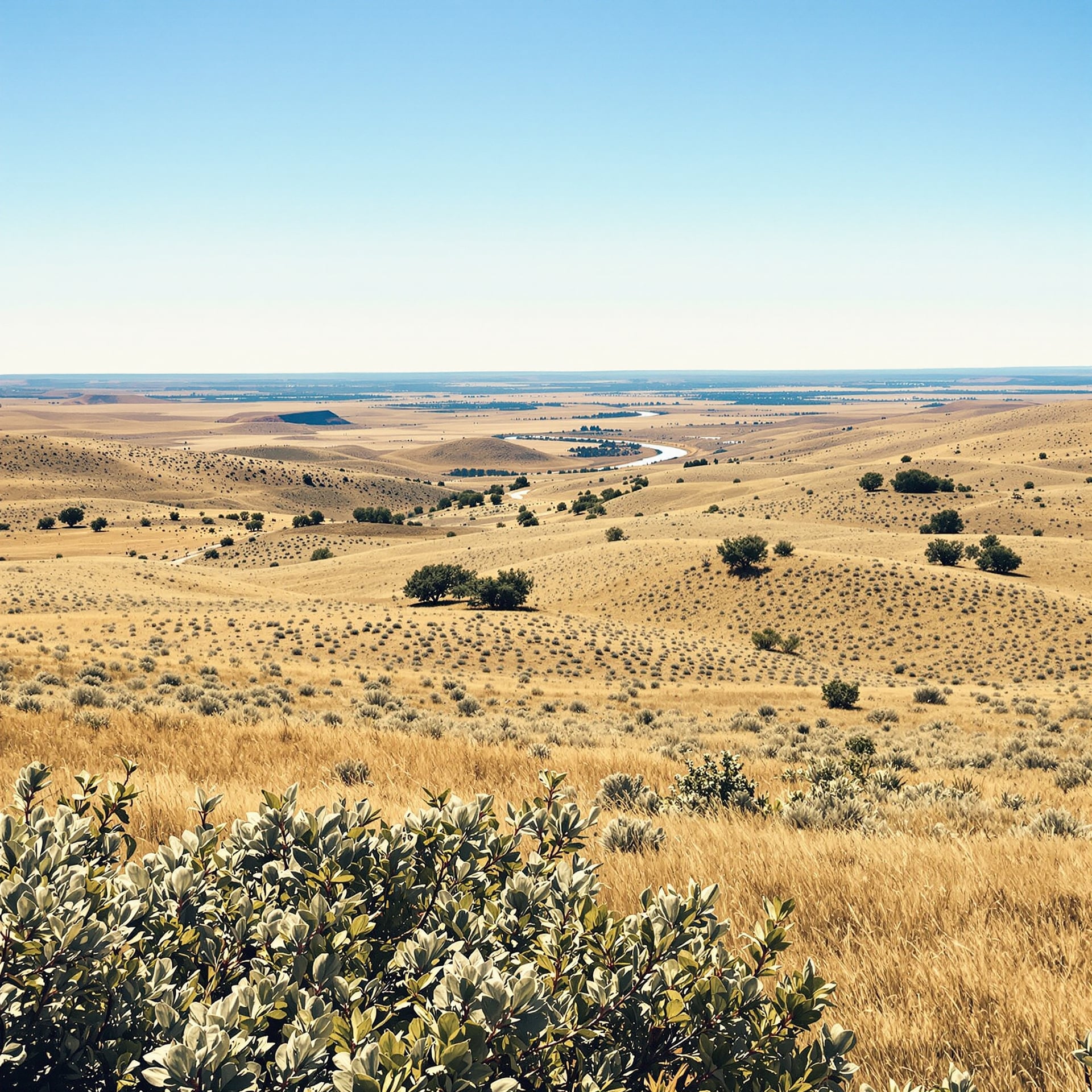 A vast landscape featuring rolling hills and a river in the distance under a clear blue sky.