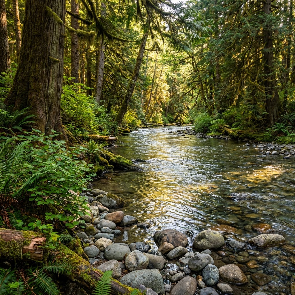 A serene forest scene featuring a clear stream flowing through lush greenery and rocks.