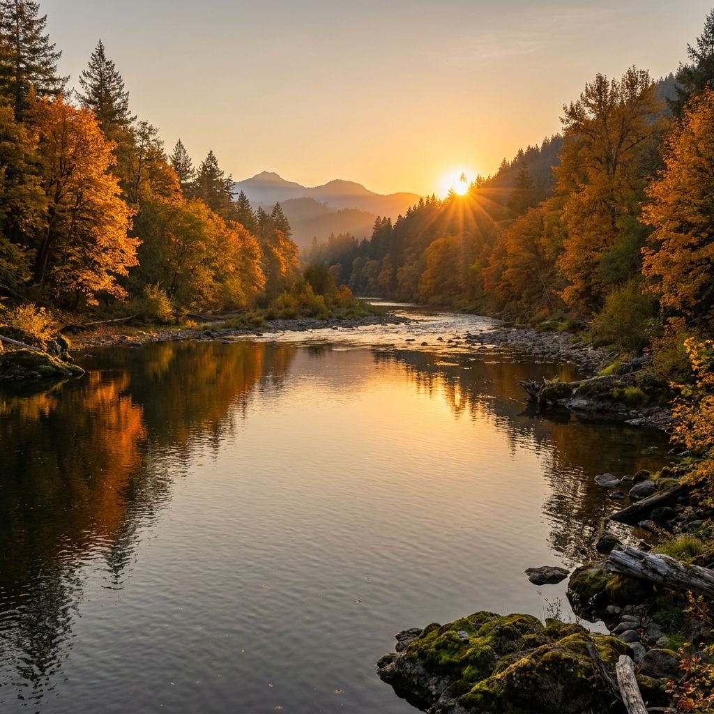 A serene river flows through a forested landscape during sunset, with autumn foliage reflecting in the water.