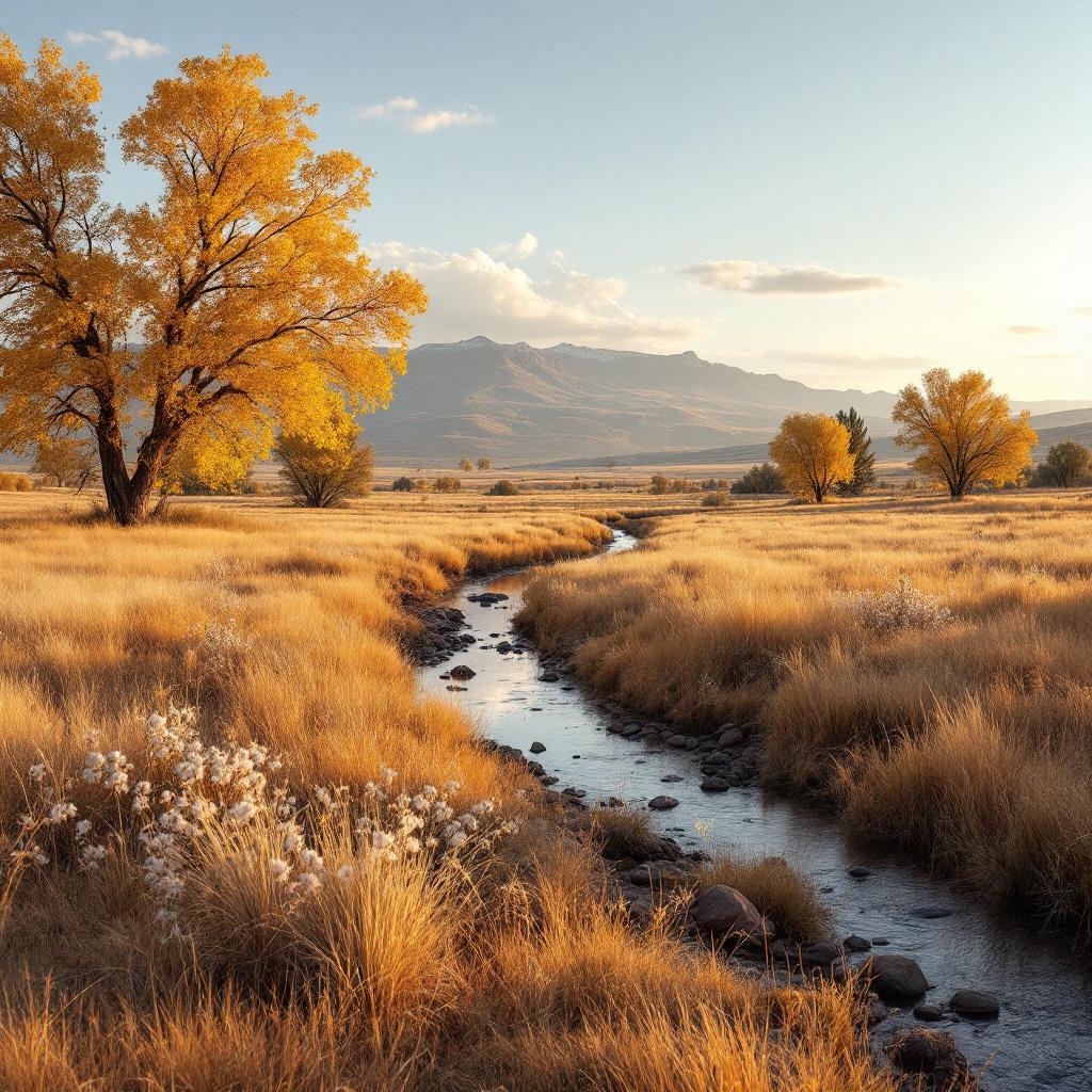 A serene landscape featuring a stream flowing through golden grass and trees with autumn foliage.
