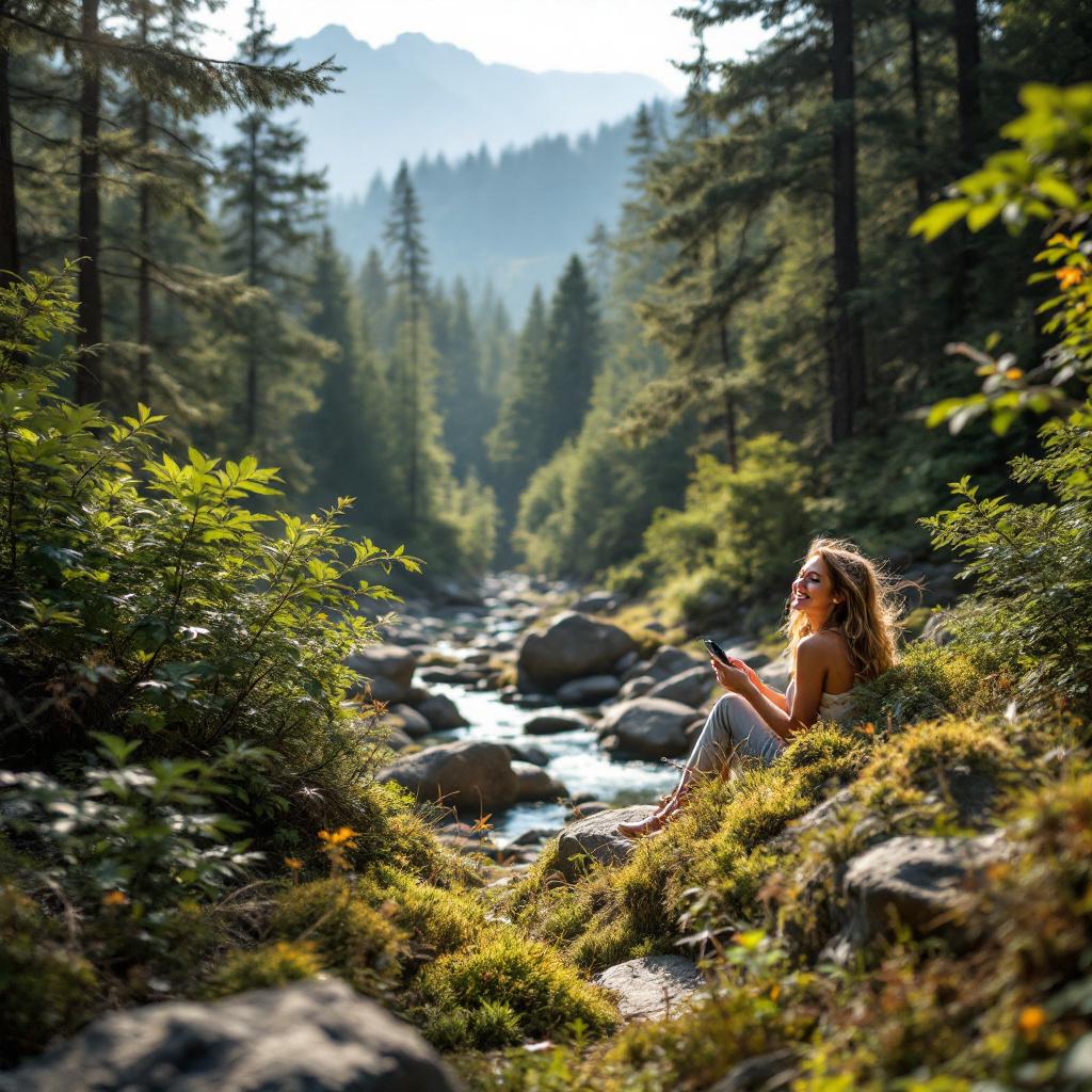 A woman sits by a river in a forested area, enjoying nature.