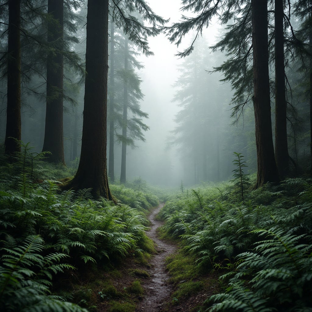 A misty forest path surrounded by tall trees and ferns.