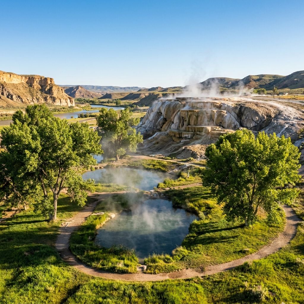 A scenic view of hot springs surrounded by greenery and rocky hills.