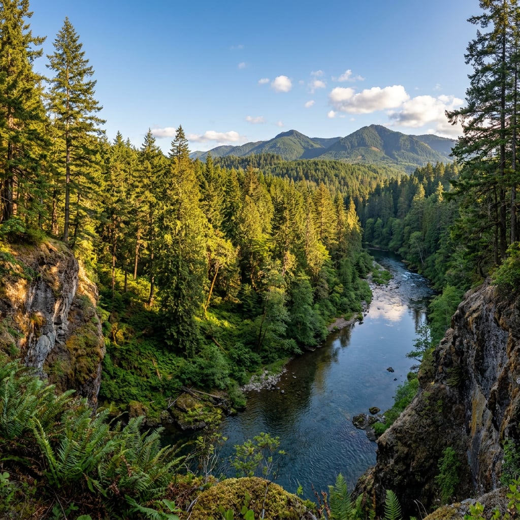 A scenic view of a river flowing through a lush forested landscape with mountains in the background.