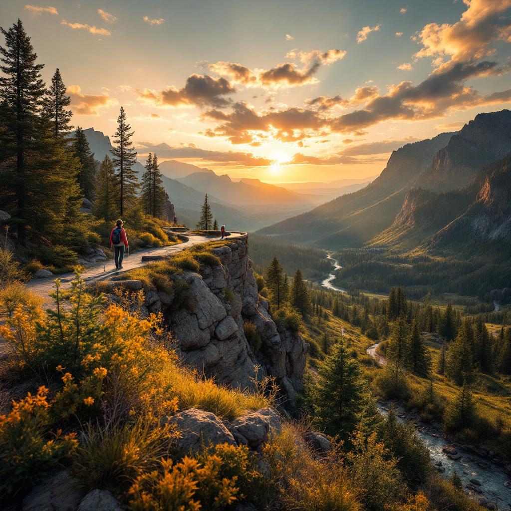 A person walks along a scenic trail overlooking a valley at sunset.