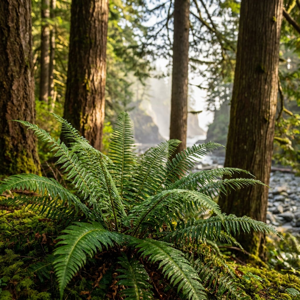 A lush fern grows in a forested area near a river.