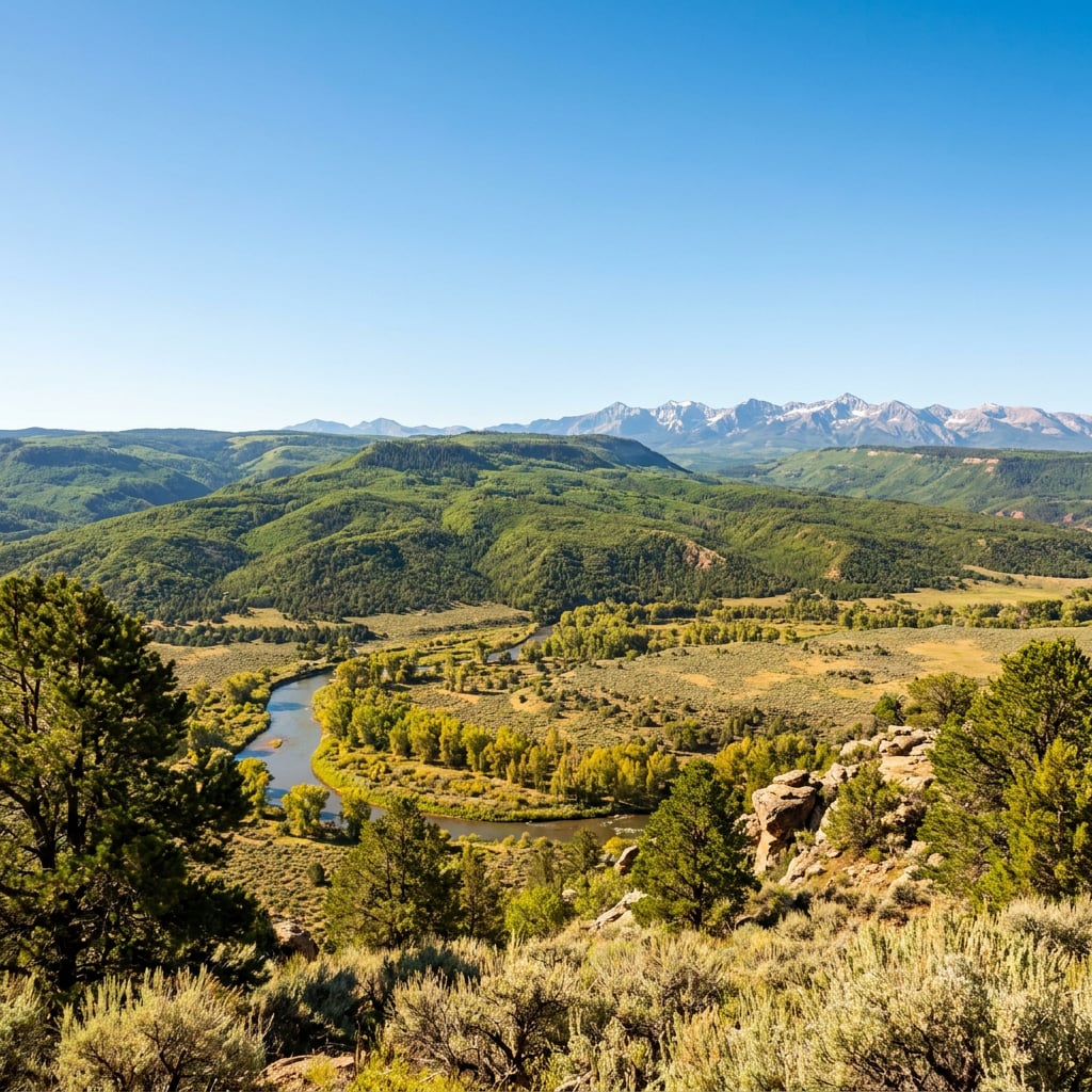 A scenic view of a lush green valley with a winding river and mountains in the background.