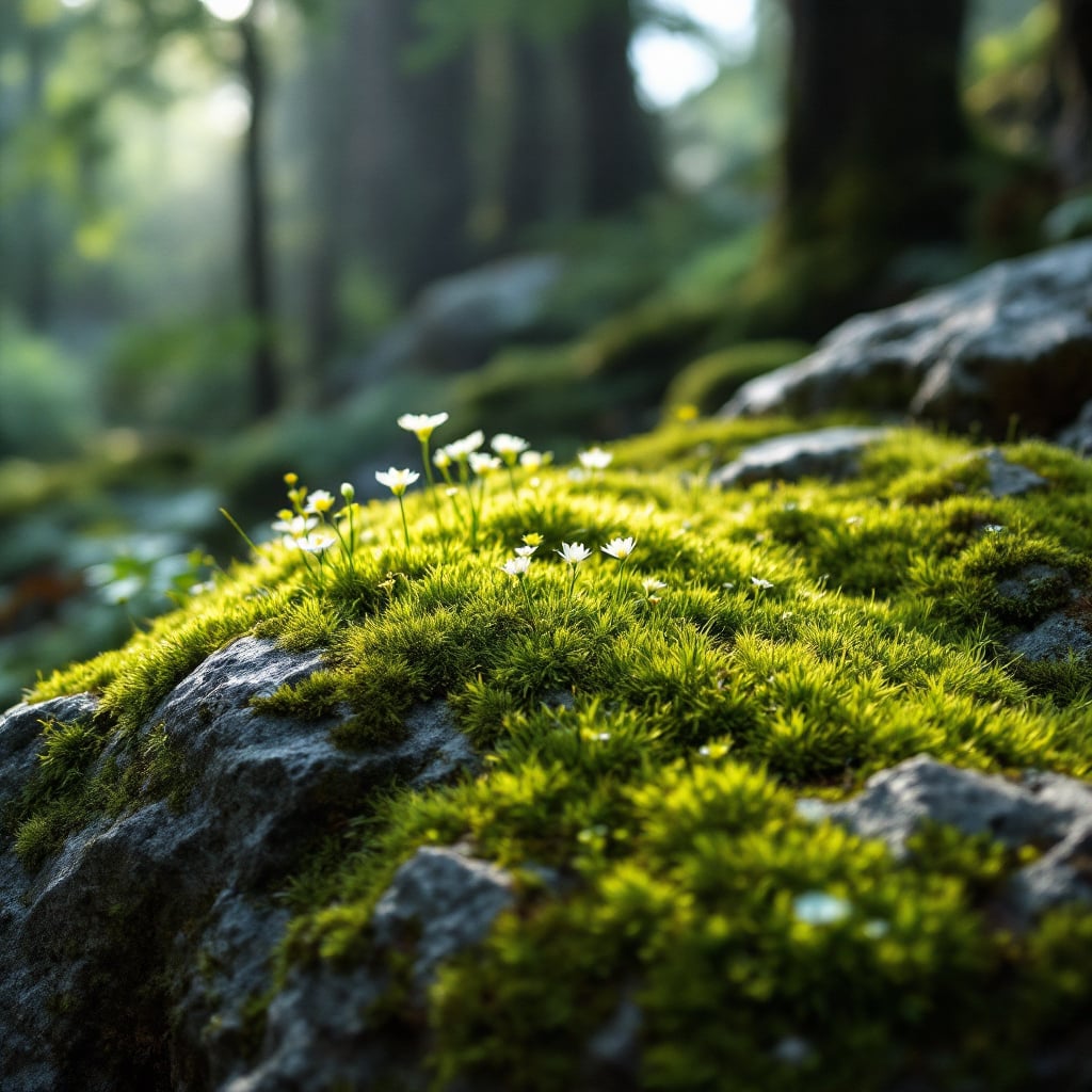 A close-up view of moss-covered rocks with small white flowers in a forest setting.