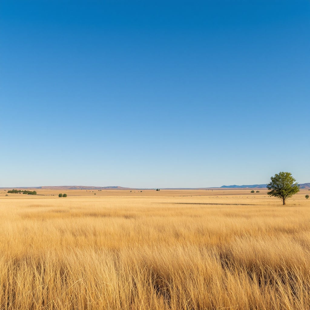 A vast landscape of golden grass under a clear blue sky with a single tree in the distance.