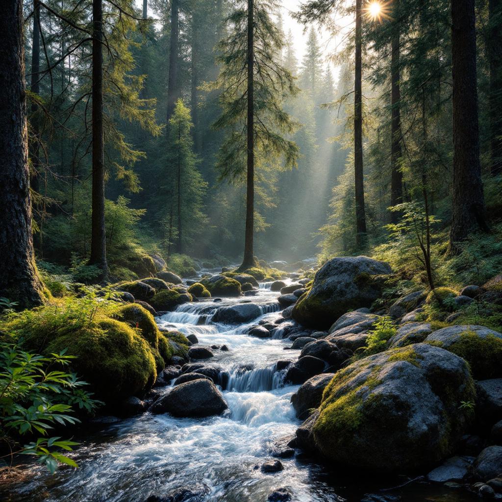 A serene forest scene featuring a flowing stream surrounded by tall trees and sunlight filtering through the foliage.