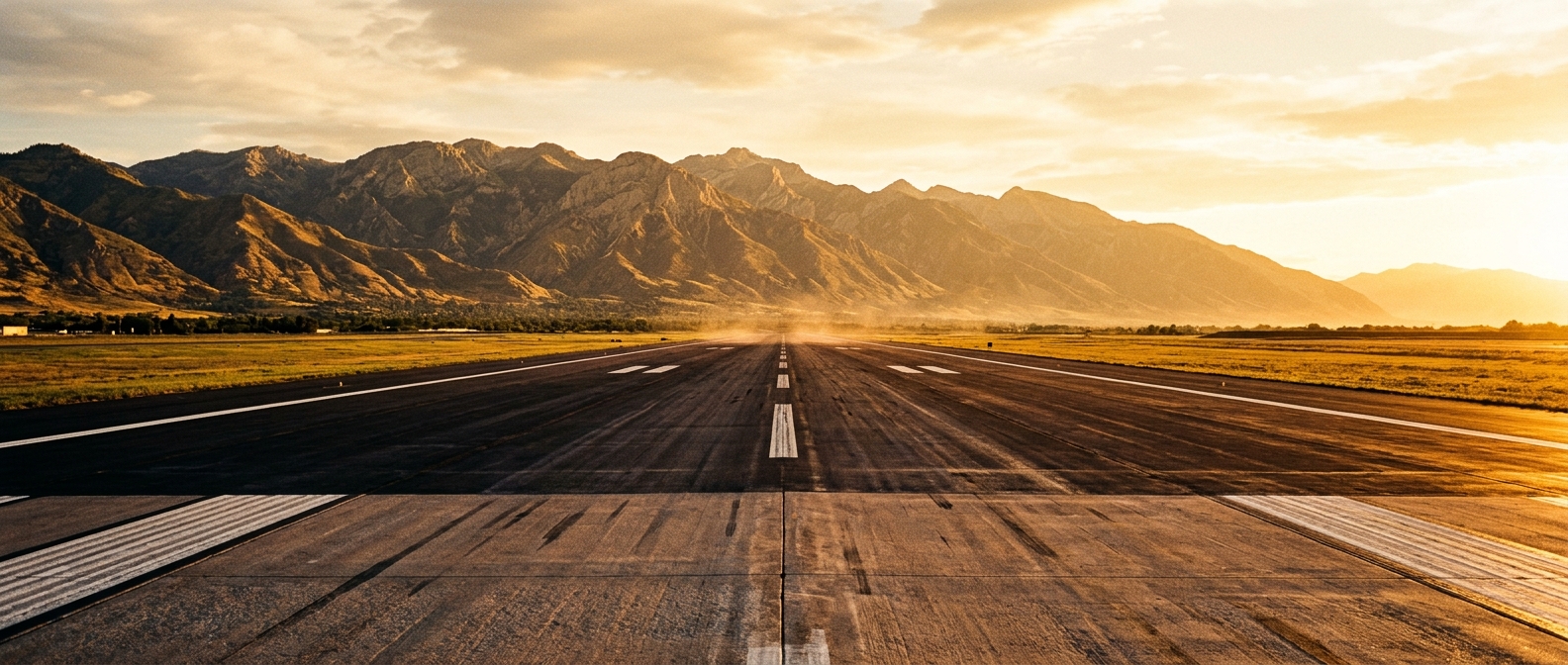A runway leading towards mountains under a sunset sky.