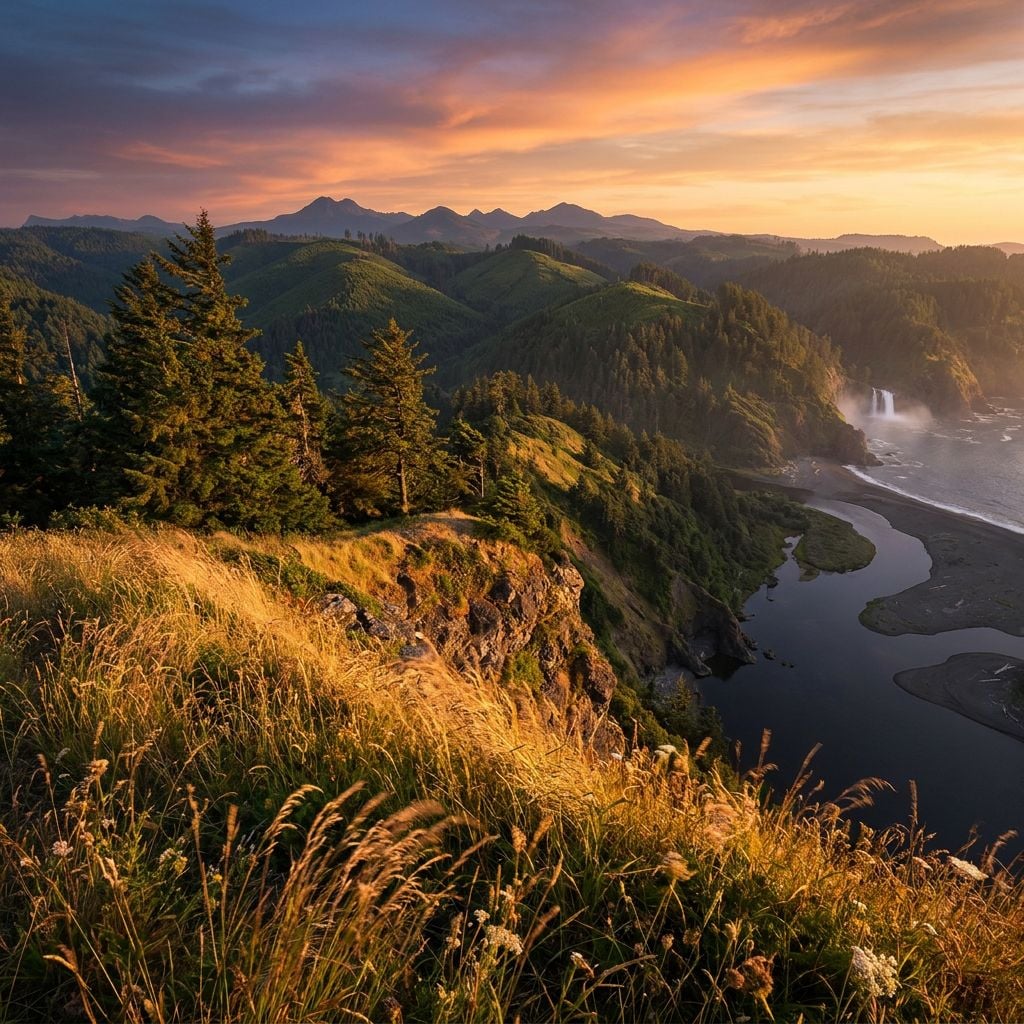 A scenic view of mountains and a waterfall at sunset.