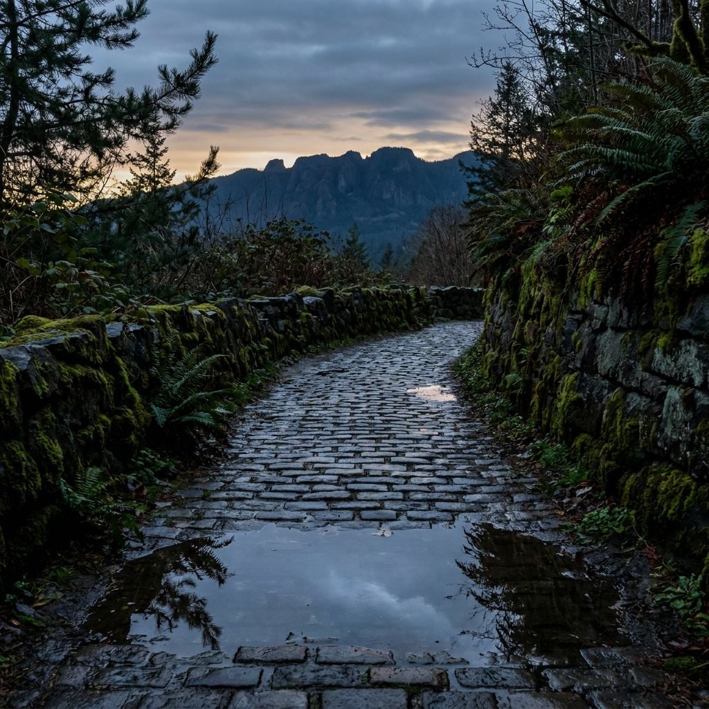 A cobblestone path lined with ferns leads towards mountains under a cloudy sky.