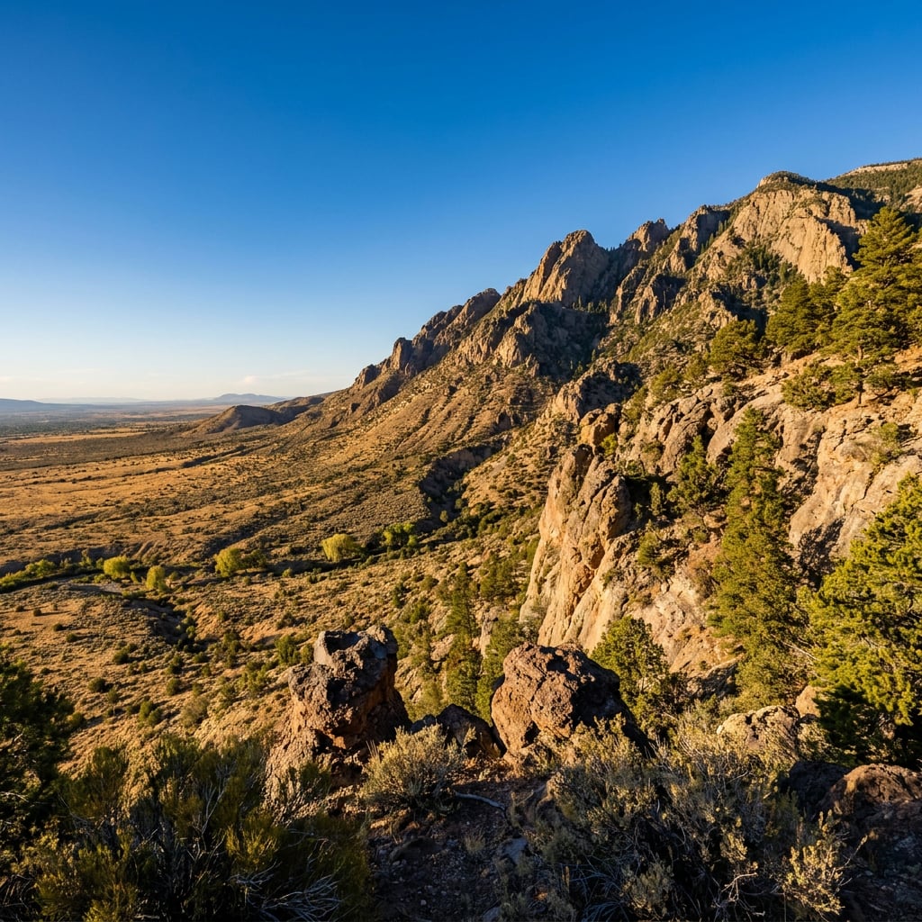 A scenic view of rugged mountains with a clear blue sky and green vegetation in the foreground.