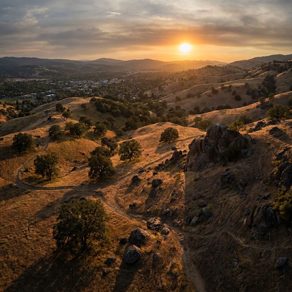 A scenic view of rolling hills at sunset with a small town in the background.