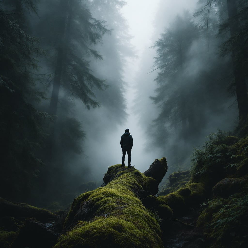 A person stands on a moss-covered log in a foggy forest.