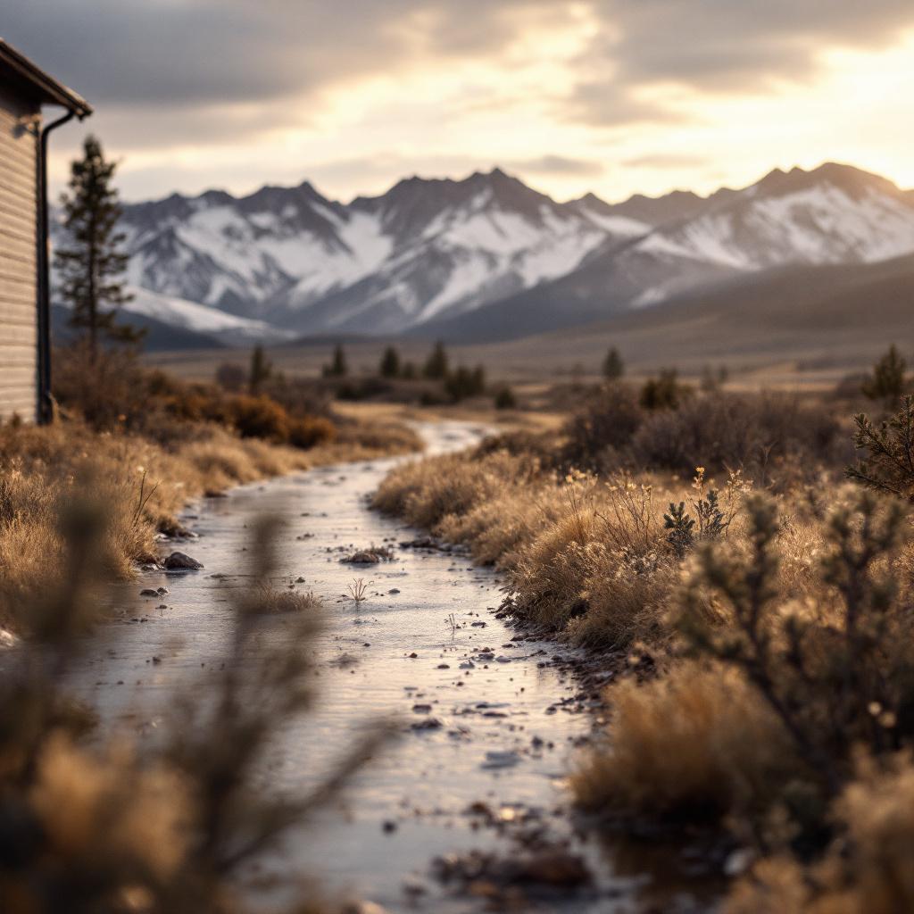 A winding path leads through a grassy area with mountains in the background.