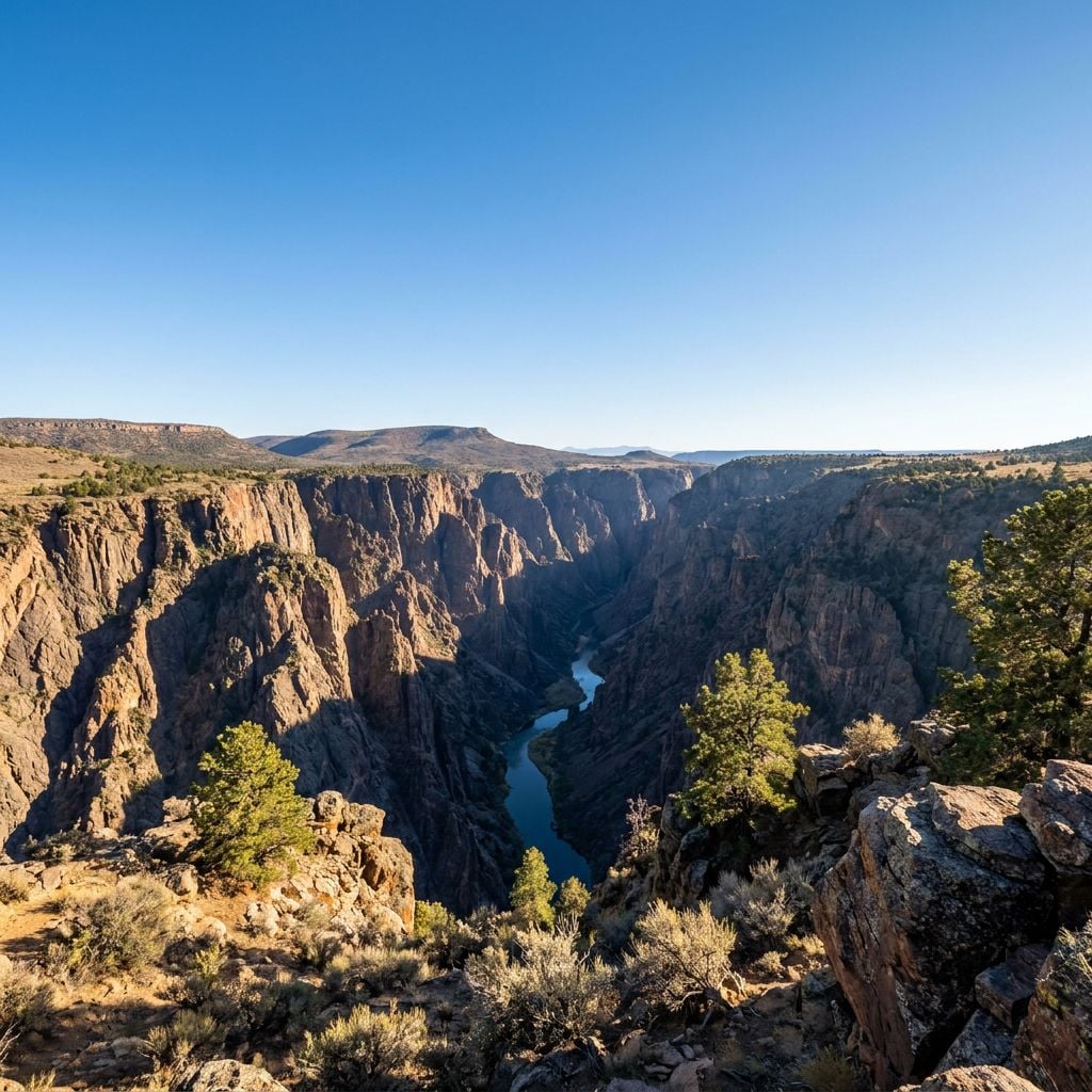 A panoramic view of a deep canyon with a river running through it.