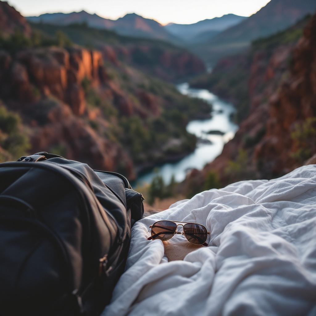 A backpack and sunglasses are placed on a blanket overlooking a river and mountains.