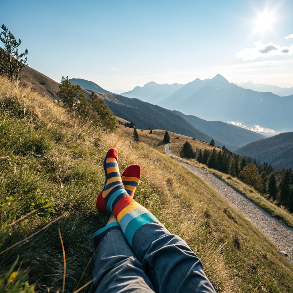A person is relaxing on a hillside with colorful striped socks visible in the foreground and mountains in the background.