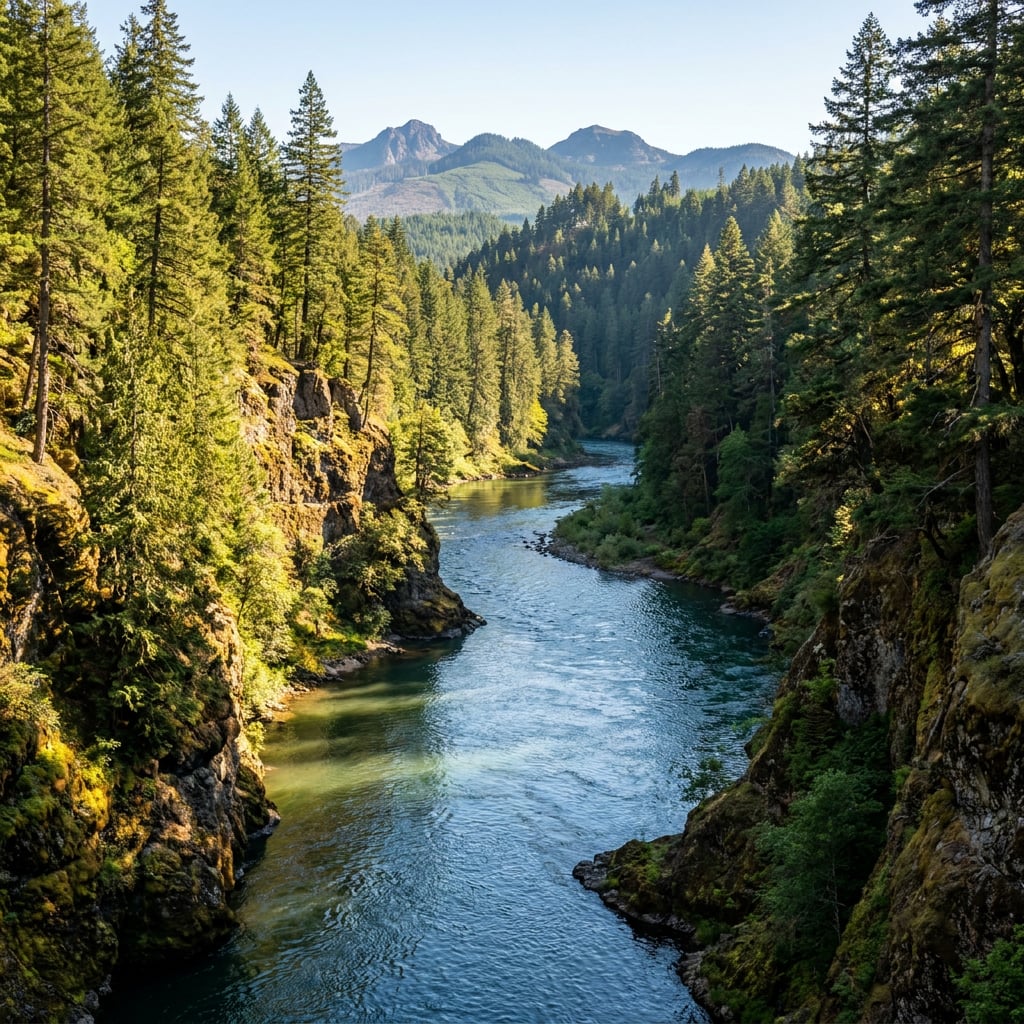 A serene river flows through a forested landscape with mountains in the background.