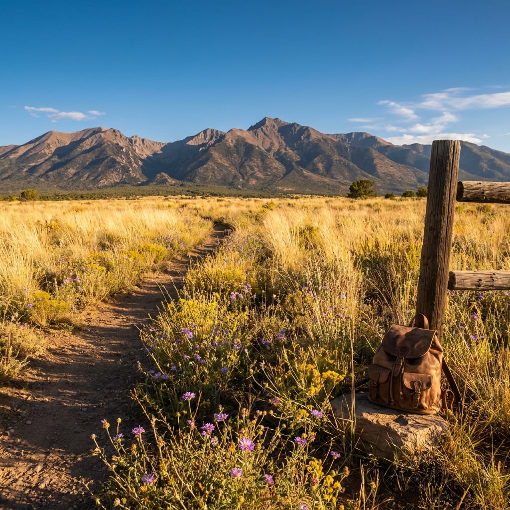 A hiking trail leads through a field of wildflowers with mountains in the background.