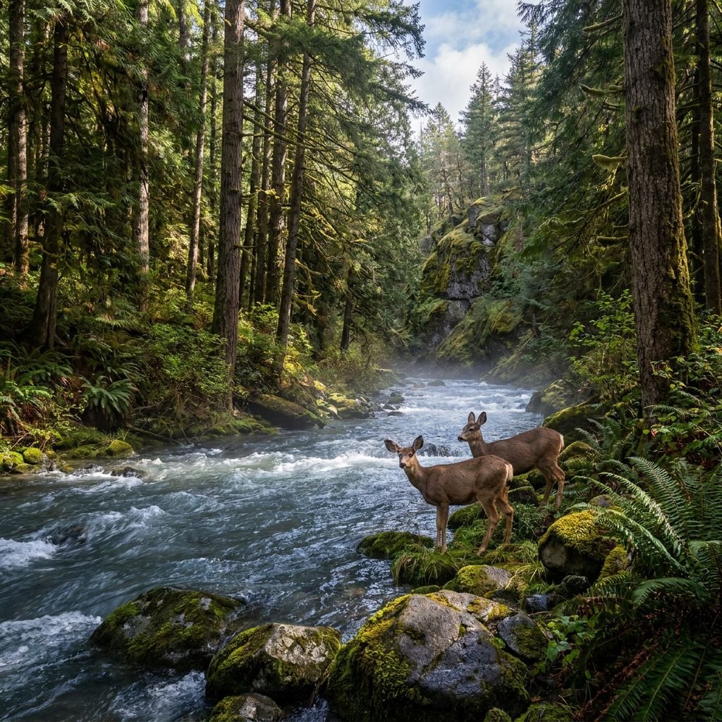 Two deer stand by a flowing river in a lush forest.