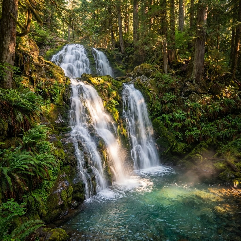 A serene waterfall cascading through a lush green forest.