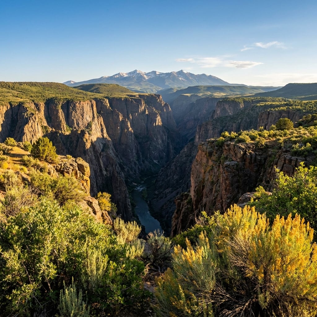 A scenic view of a canyon with a river running through it, surrounded by lush greenery and mountains in the background.