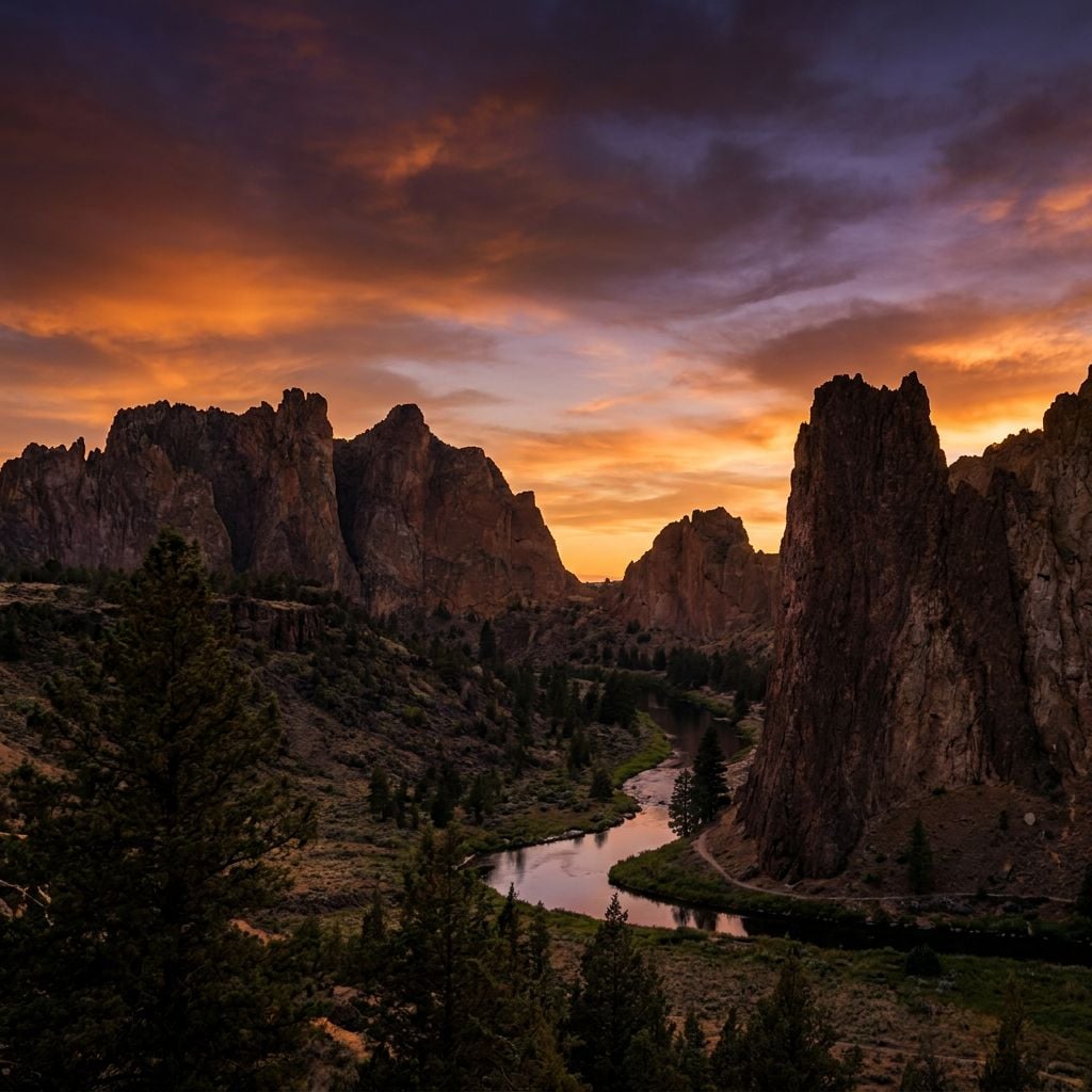 A scenic view of a river winding through rocky formations under a colorful sunset.