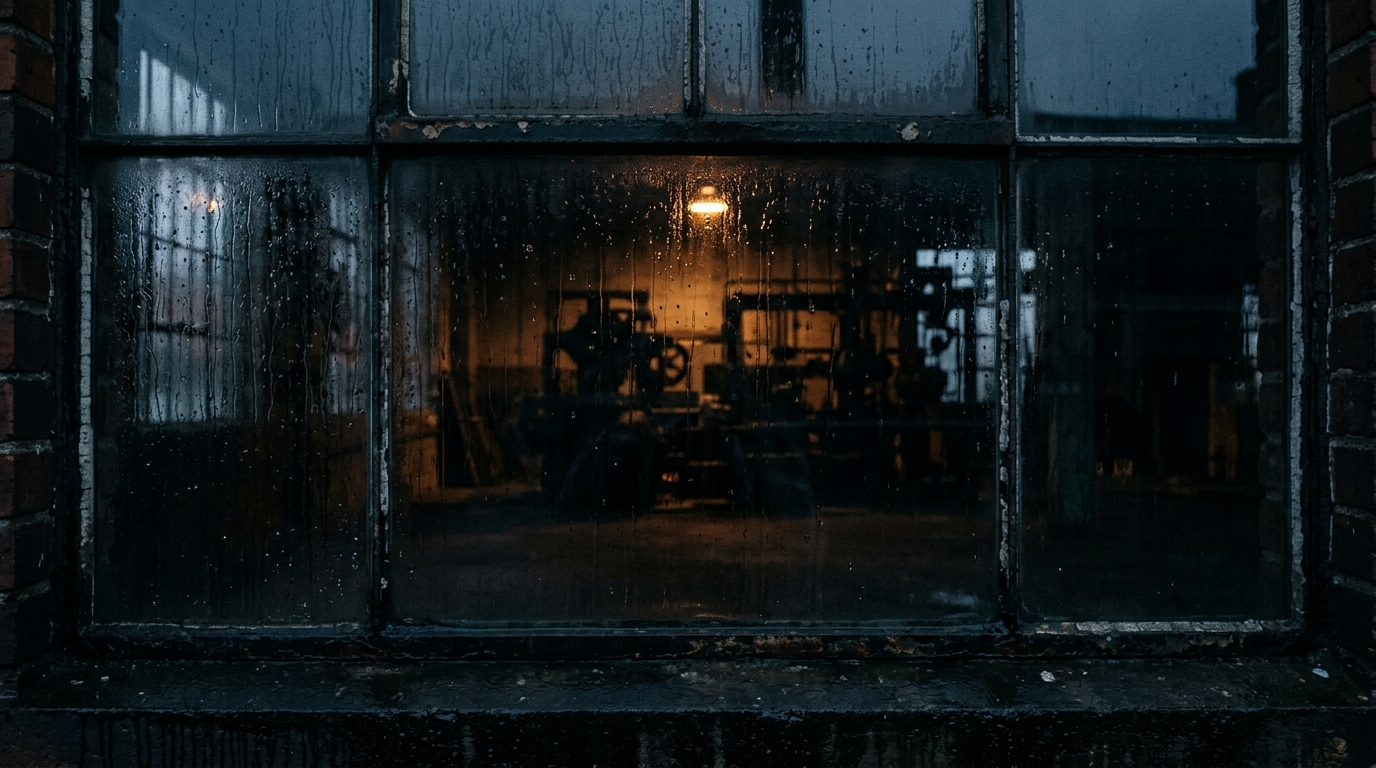 A dimly lit industrial space is visible through a rain-streaked window.