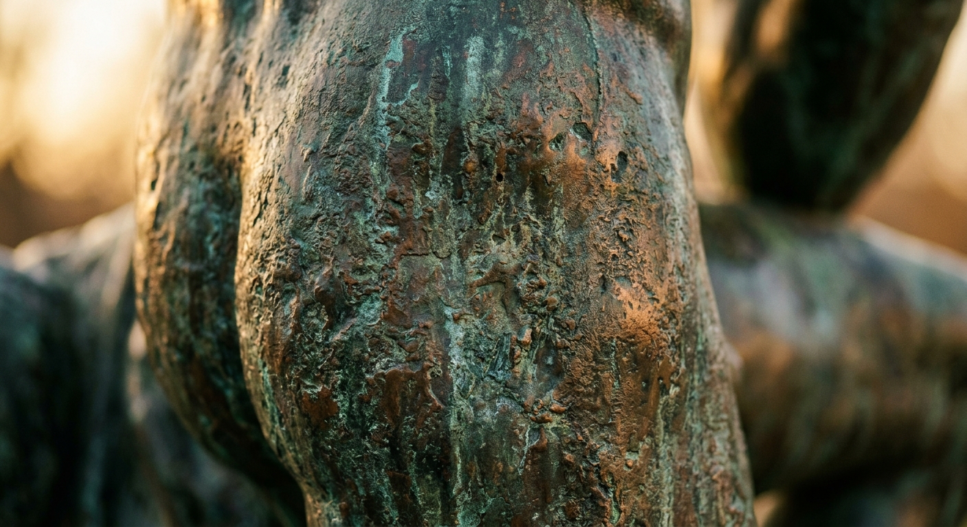 A close-up view of a textured bronze sculpture.