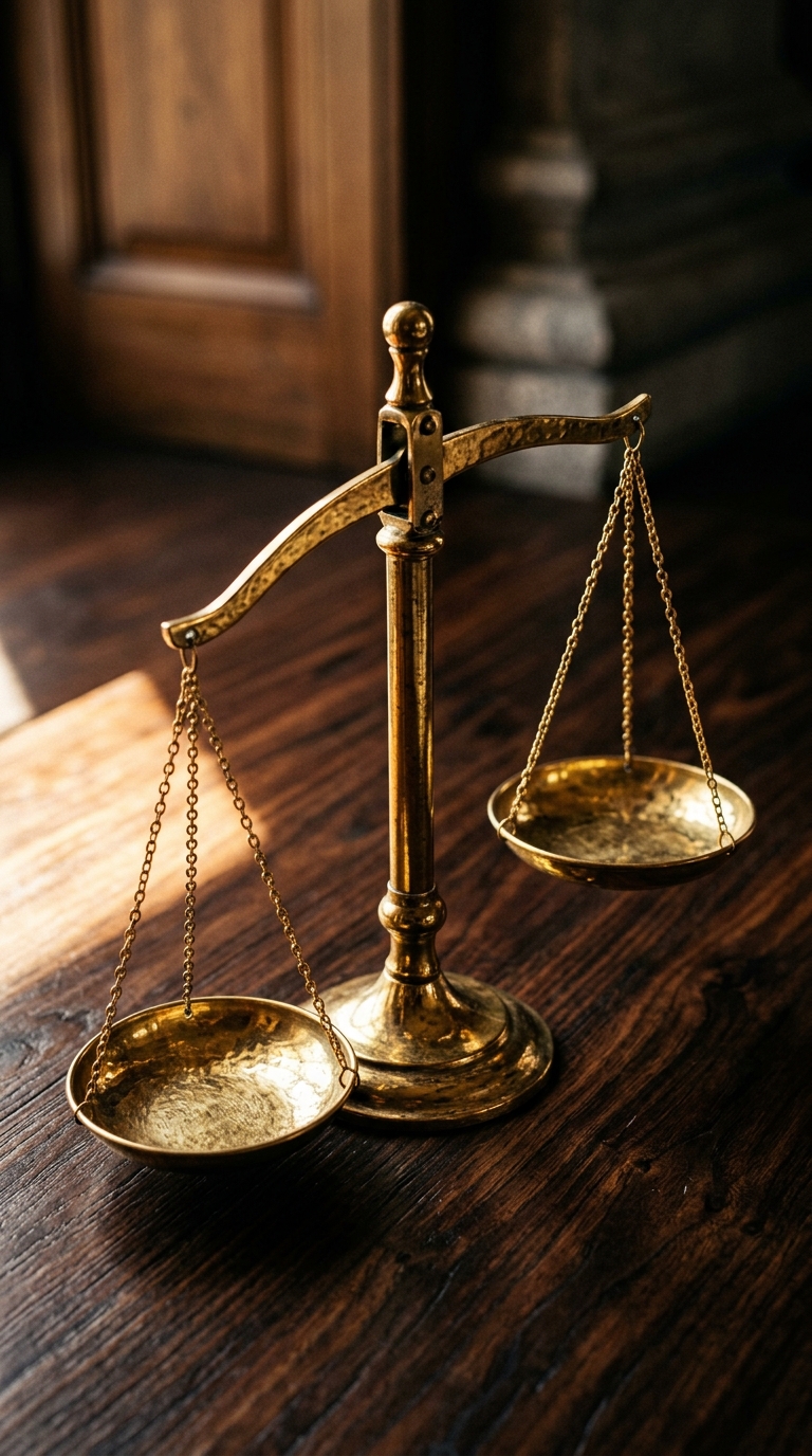 A vintage brass balance scale is placed on a wooden surface.