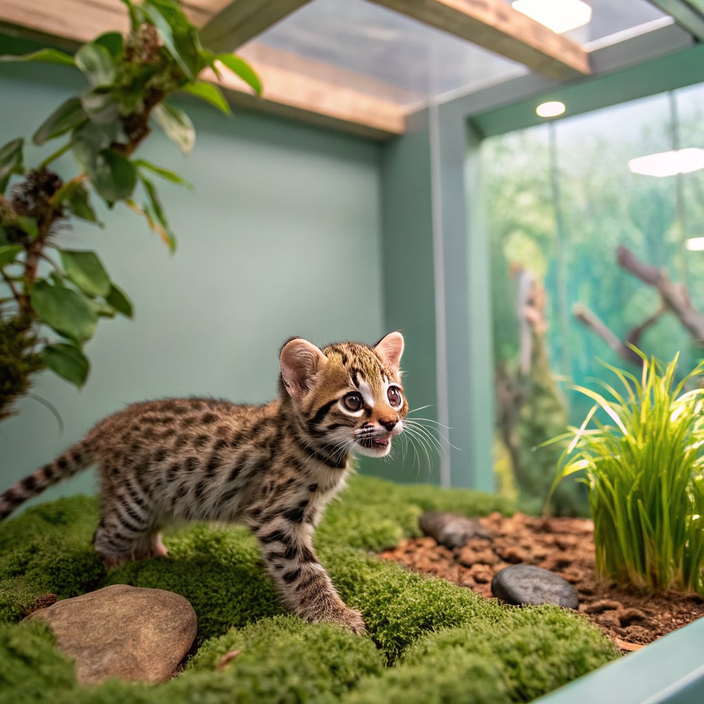A small spotted wildcat cub exploring a green indoor habitat.