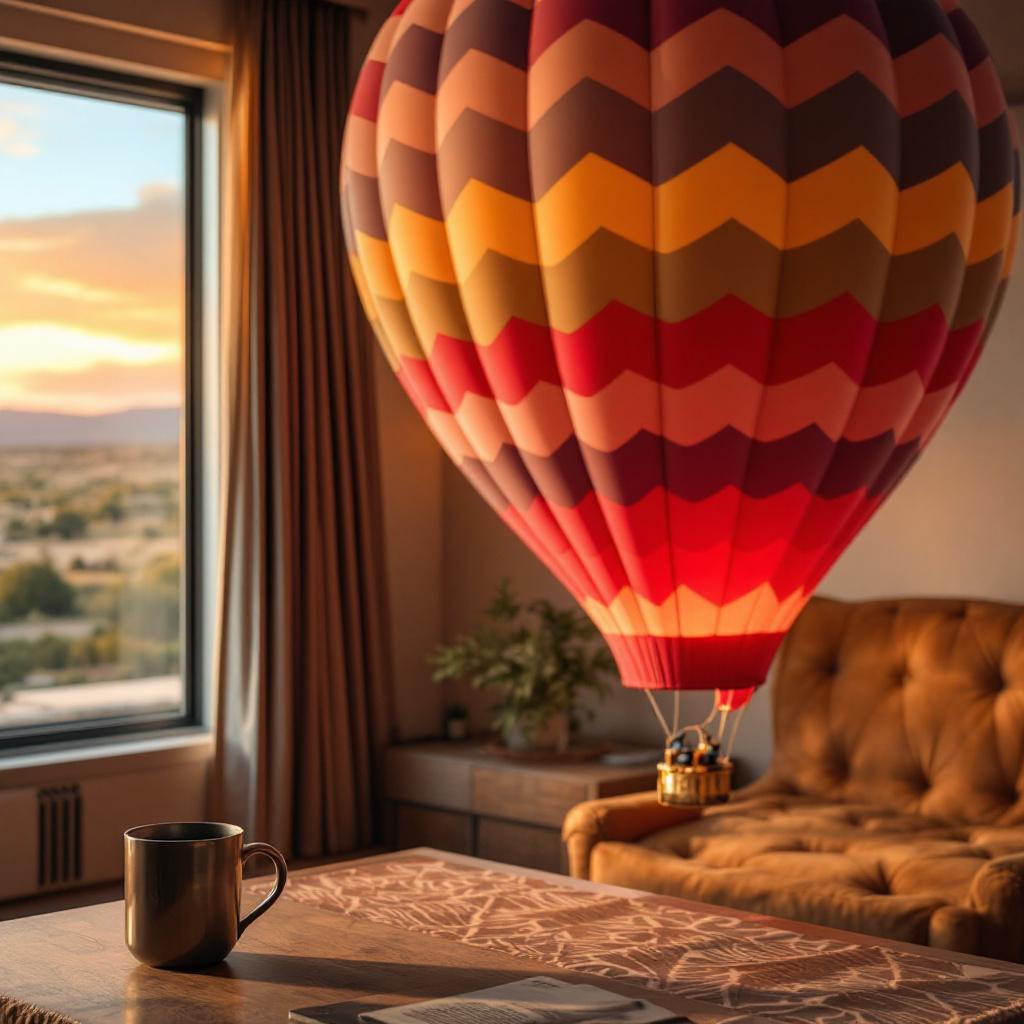 A colorful hot air balloon is seen from inside a room with a coffee cup on a table.